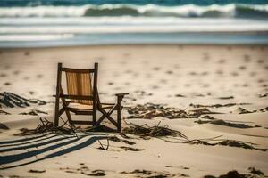 un silla se sienta en el playa cerca el océano. generado por ai foto