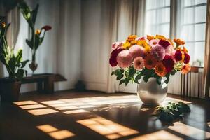 a vase of flowers sitting on a wooden floor. AI-Generated photo