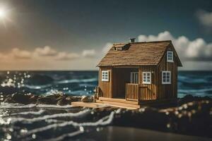 a miniature house on the beach with the sun shining. AI-Generated photo