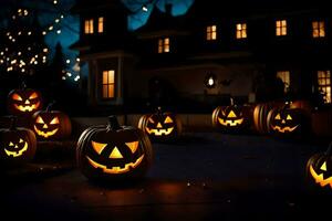 halloween pumpkins in front of a house. AI-Generated photo