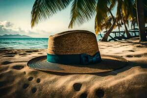 a hat on the beach with palm trees. AI-Generated photo