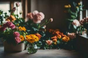 flowers in vases on a table. AI-Generated photo