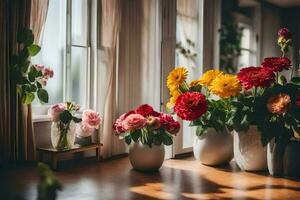 flores en floreros en un de madera piso. generado por ai foto