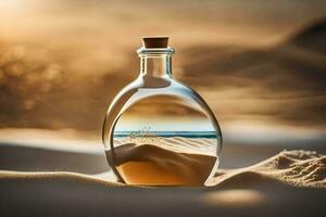 a bottle with sand and water in it on a beach. AI-Generated photo