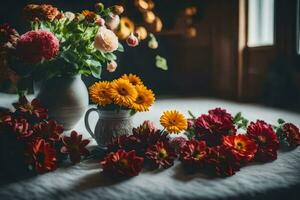 flores en un florero en un mesa. generado por ai foto