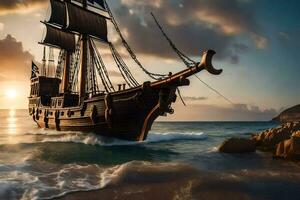 pirate ship sailing on the ocean at sunset. AI-Generated photo