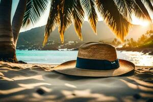 a hat sits on the sand near palm trees. AI-Generated photo