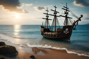 pirate ship on the beach. AI-Generated photo