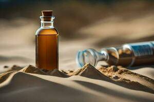 a bottle of oil in the desert. AI-Generated photo