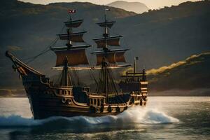 a pirate ship is sailing in the ocean. AI-Generated photo