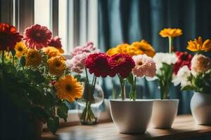 colorful flowers in vases on a windowsill. AI-Generated photo