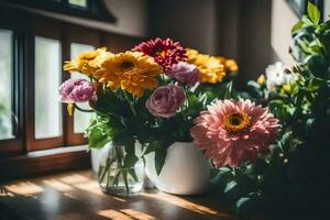 flowers in vases on a windowsill. AI-Generated photo