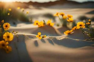 the sun is setting over the desert and the flowers are blooming. AI-Generated photo