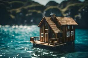 a miniature wooden house floating in the water. AI-Generated photo