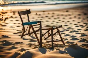 a chair sits on the sand at sunset. AI-Generated photo