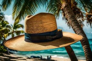 a hat is hanging on a palm tree near the beach. AI-Generated photo