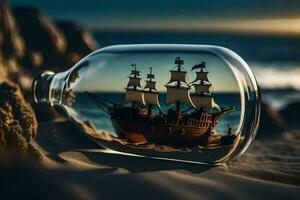 a ship in a bottle on the beach. AI-Generated photo