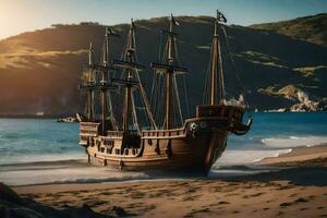 a pirate ship on the beach near the ocean. AI-Generated photo