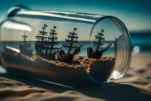 a bottle with a ship inside of it on the beach. AI-Generated photo