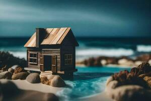 a miniature house on the beach by the ocean. AI-Generated photo