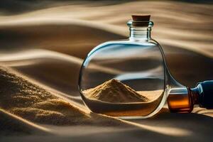 a bottle of sand in the desert. AI-Generated photo