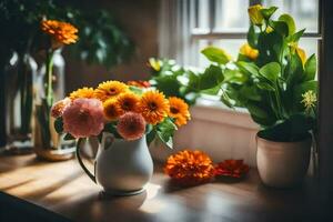 flowers in a vase on a windowsill. AI-Generated photo