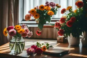 flowers in vases on a table in front of a window. AI-Generated photo