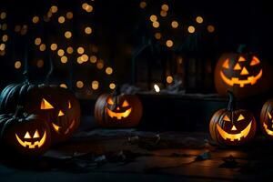 halloween pumpkins with glowing faces on them. AI-Generated photo