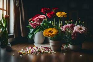 flowers in vases on a table. AI-Generated photo