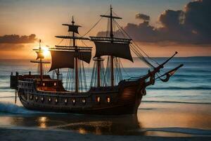 a pirate ship is on the beach at sunset. AI-Generated photo