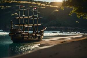 un pirata Embarcacion es en el playa cerca el océano. generado por ai foto