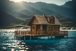 a tiny wooden house floating in the water. AI-Generated photo