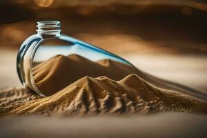 a bottle of sand with a mountain in the middle. AI-Generated photo