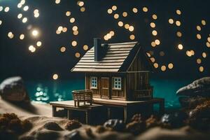 a miniature house on the beach with lights in the background. AI-Generated photo