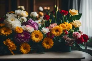 un manojo de flores en un florero en un mesa. generado por ai foto