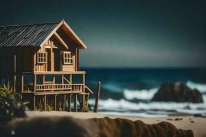 a miniature wooden house on the beach. AI-Generated photo