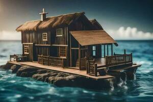 a small wooden house floating in the ocean. AI-Generated photo