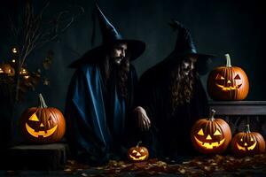 two women in black costumes with pumpkins. AI-Generated photo