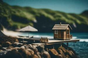 un miniatura casa en un muelle por el océano. generado por ai foto