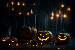 halloween pumpkins with lights on a dark background. AI-Generated photo