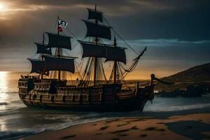 a pirate ship on the beach at sunset. AI-Generated photo