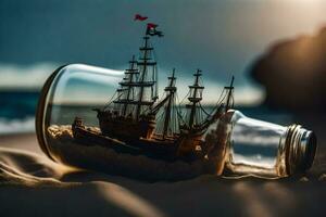 a ship in a bottle on the beach. AI-Generated photo