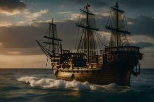 a pirate ship in the ocean at sunset. AI-Generated photo