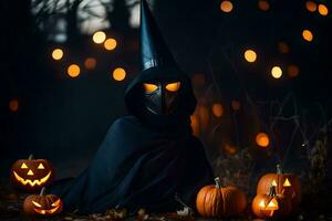 a witch in a black cloak with pumpkins and lights. AI-Generated photo