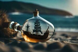 a ship in a bottle on the beach. AI-Generated photo