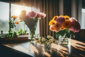 flores en floreros en un mesa en frente de un ventana. generado por ai foto