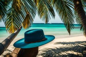 blue hat on palm tree. AI-Generated photo