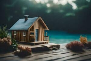 un miniatura de madera casa en un muelle. generado por ai foto