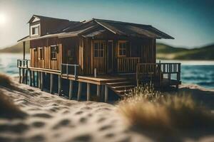 un pequeño de madera casa en el playa. generado por ai foto