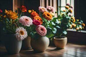 flores en floreros en un de madera mesa. generado por ai foto